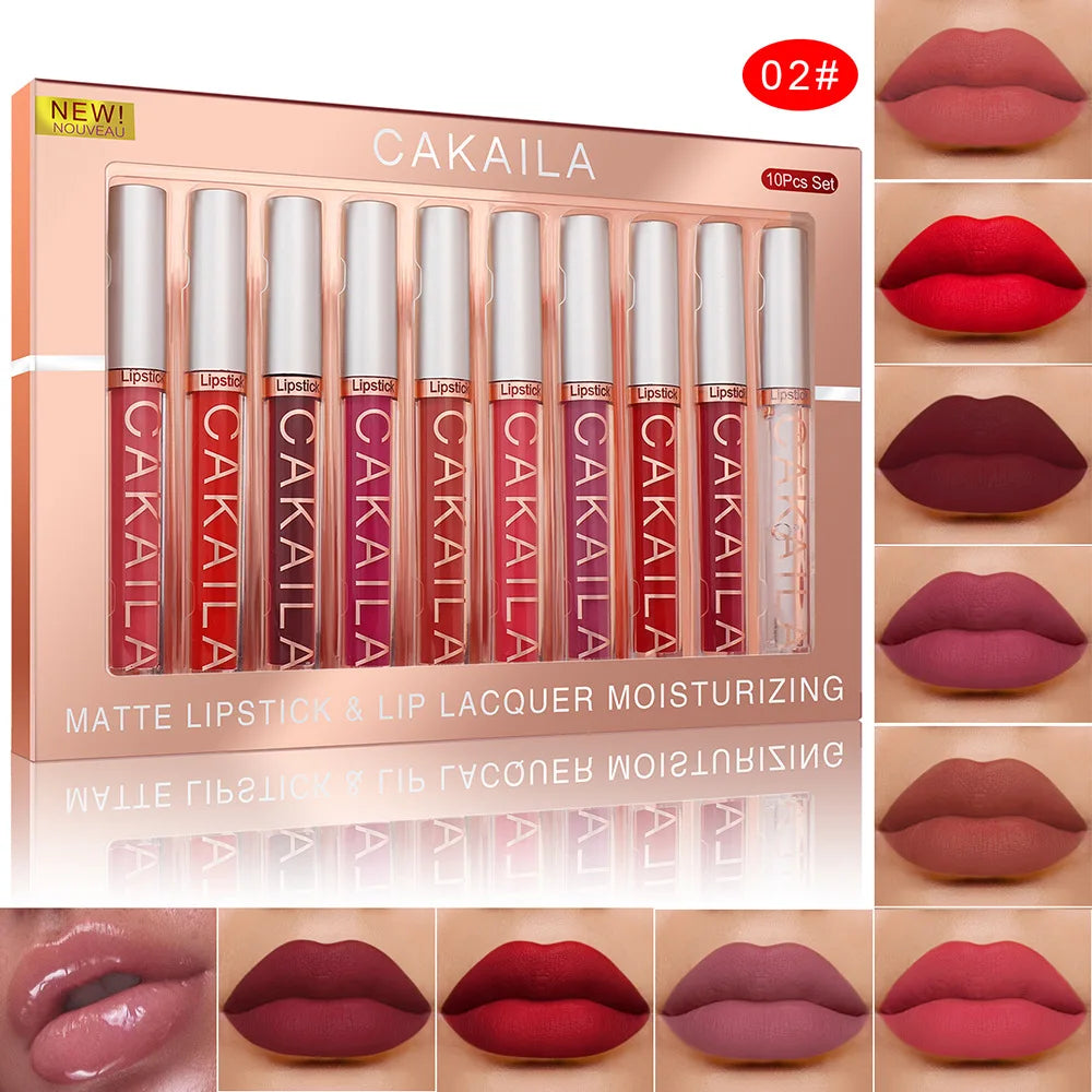 CAKAILA 10 pcs Matte Velvet Nude Lip Gloss Set Lipstick color showing waterproof non-stick liquid lipstick lip gloss