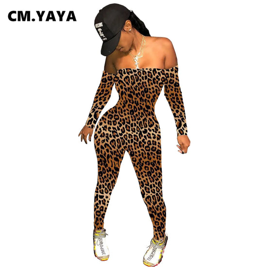 CM.YAYA 2021 Leopard Mouth Letter Print Off Shoulder Long Sleeve Bodycon Jumpsuit Women Sexy Club Party One Piece Overall Romper