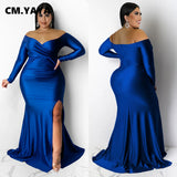 CMYAYA Plus Size Women Off Shoulder V-neck High Side Slit Mermaid Birthday Long Sleeve Long Maxi Dresses Sexy Party Prom Dress