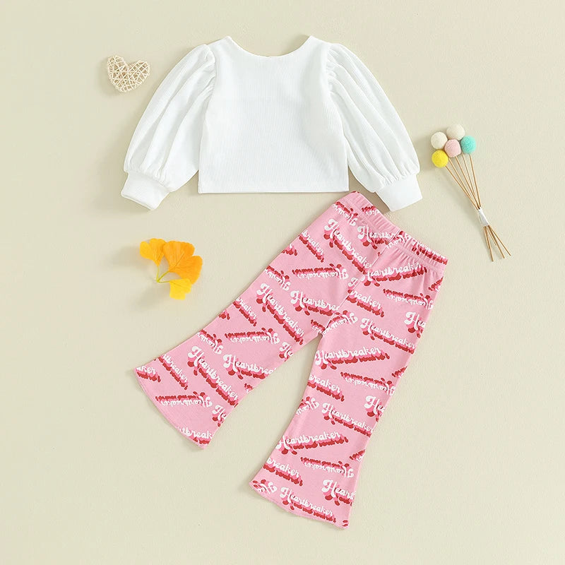 Toddler Kids Baby Girls 2 Piece Outfits Valentine's Day Long Sleeve Crop Tops Letter Print Elastic Flare Pants Set Cute Clothes
