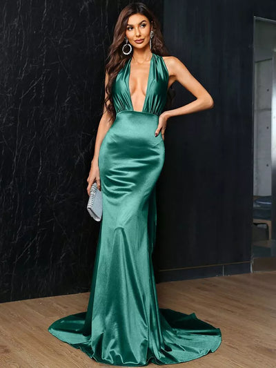 Missord Green Satin Long Party Dress Women Deep V-Neck Halter Bowknot Backless Maxi Evening Prom Mermaid Dresses Elegant Gown