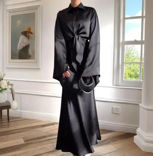 2025 Spring New Polo Satin Strap Horn Sleeve Shirt, Hip Wrapping Skirt Set for Women