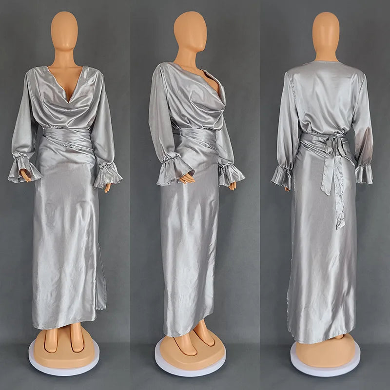 CM.YAYA Satin Women's Set Flare Long Sleeve Pile Collar Blouse and Draped Waist Maxi Midi Skirt Suit 2024 Two 2 Piece Set Outfit