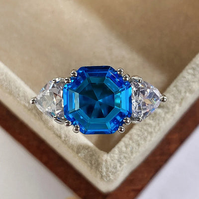 Huitan Personality Geometric Blue Cubic Zirconia Rings for Women Wedding Anniversary Party Temperament Elegant Lady's Jewelry