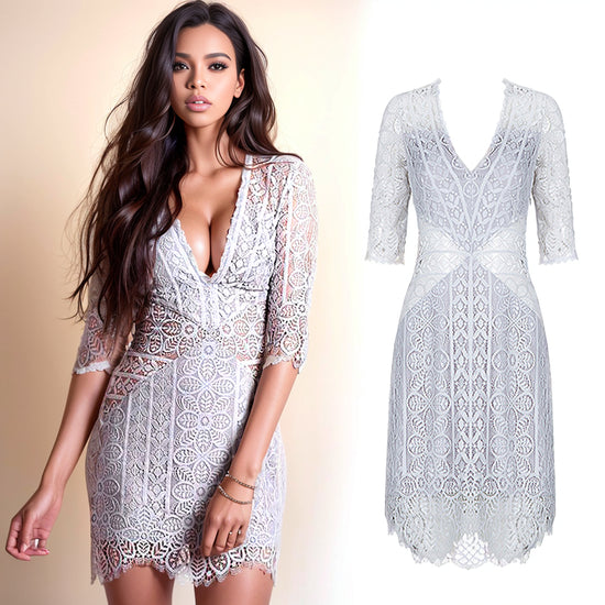 2023 Summer New Fashion Fashion V-neck Hollow See-through Lace Short Mid-Length Sleeve Slim Dress Party Jumpsuit