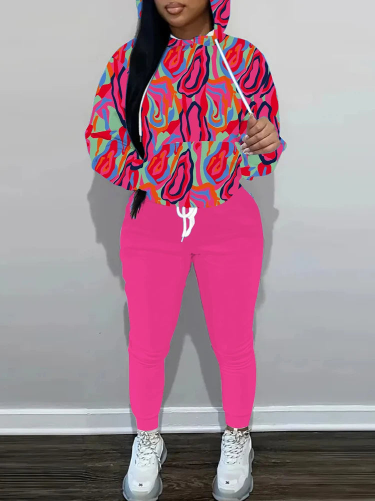 Plus Size 2025 New Hooded Loose Top Solid Colour Tie Loose Trousers Polyester Suitable for Outdoor Sports