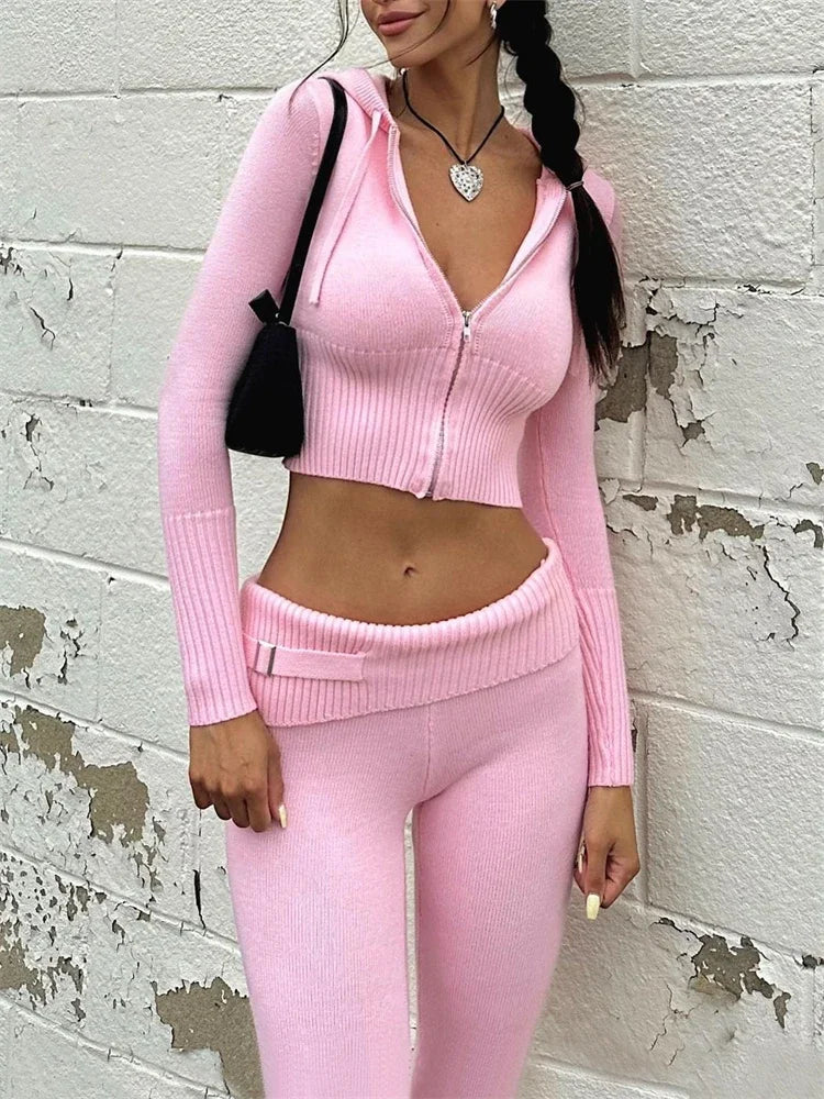 TARUXY New Knitted Hoodie Cropped Top And Pants Sets White Y2k Casual Outfits Low Waist Knit Two Piece Sets For Women Tracksuit