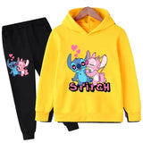 Autumn and Winter Children Disney Cute Stitch Print Hooded Sweatshirt Suit Boys Girls Casual Comfortable Long Sleeve + Pants Set