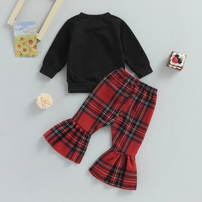 BeQeuewll Toddler Girls Cute Clothes Thanksgiving Letter Print Sweatshirt and Plaid Flare Pants Set 2 Piece Outfits For 0-3Y