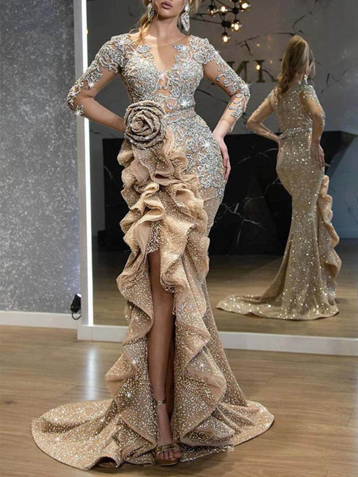 Autumn Winter 2025 Women's Dresses Elegant Sexy Draped Three-Dimensional Floral Long Sleeve Crew Neck Long Evening Dresses