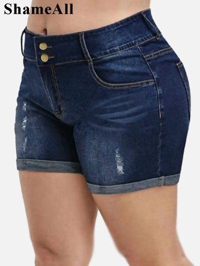 Plus Size Streetwear Push Up Slim Hip Cuffed Short Jeans 3xl 4xl Summer Korean Holes Women Ripped Casual Denim Shorts