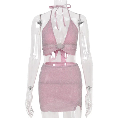 NEONBABIPINK Grunge Fairy Two Piece Skirt Set Women Goth Pink Glitter Sexy Club Outfits Summer Y2k Matching Sets N82-BB10