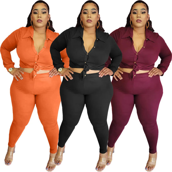 2024 Plus Size Clothing New Solid Color Women Shirt Pants Suit Long Sleeves Buttons Tops Casual Trousers Club Outfit