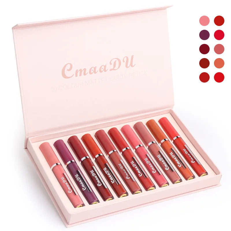 CmaaDu New Dazzle 10Pcs/Set Box Nude Matte Lipstick Lip Gloss Makeup Silky-Smooth Long Lasting Matte Lip stick Lipgloss Cosmetic