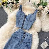 CM.YAYA Women Denim Sets Sleeveless Strap Crop Top and Long Skirts Suits 2024 Summer Jeans Streetwear Two 2 Piece Sets Outfits