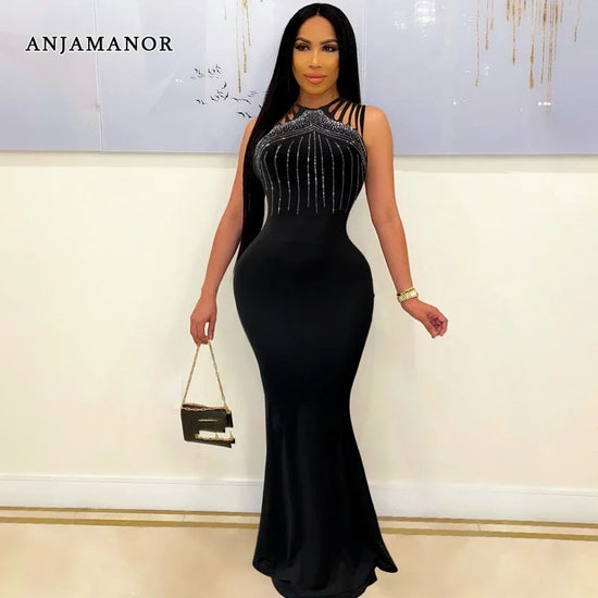 ANJAMANOR Elegant Sexy Evening Dresses for Women Party Classy Night Club Sparkle Rhinestone Black Bodycon Maxi Dress D35-DI30