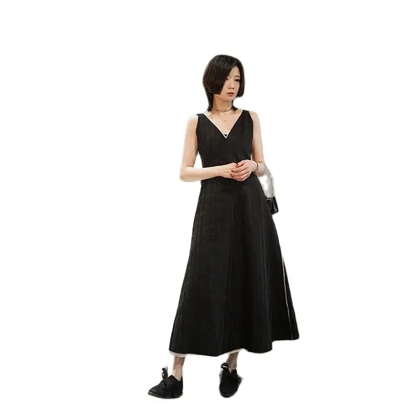 2023 dark black minimalist cool dress small ramie jacquard sleeveless vest dress