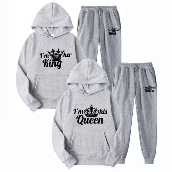 Couple 2 Pieces Set QUEEN or KING Printed Hooded Sweatshirt and Sweatpants Autumn Winter Fashion Casual Lover Hoodies Outfits