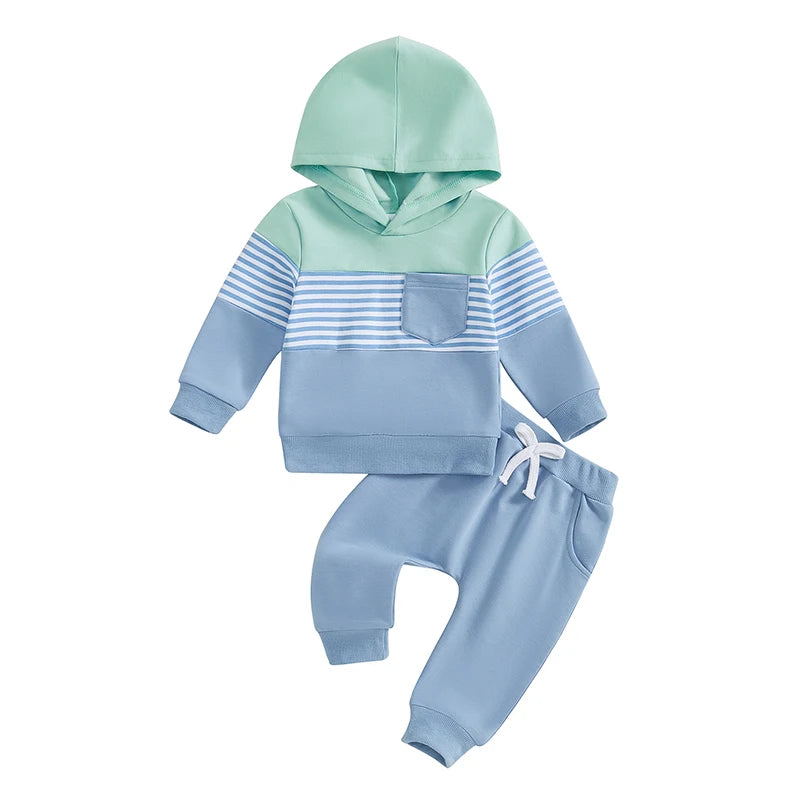 Boy Autumn 2PCS Outfit Sets Long Sleeve Striped Hoodie Solid Color Drawstring Pants Sets