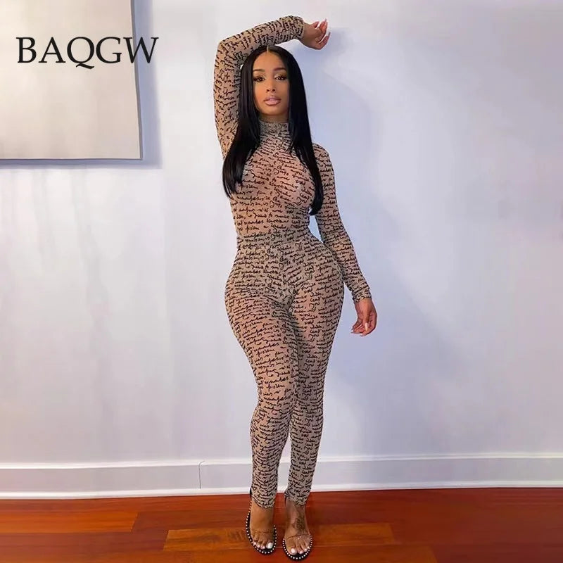 Autum Sexy See Through Mesh Sheer Two Piece Outfits Casual Long Sleeve Bodysuit + Leggings Sweatsuit Party Club Skinny Outfits