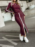 2025 Spring Autumn Elegant Sexy High Slit Skirts Outfit Women Long Sleeve Matching Sets Casual Solid Patchwork Ladies Suits New