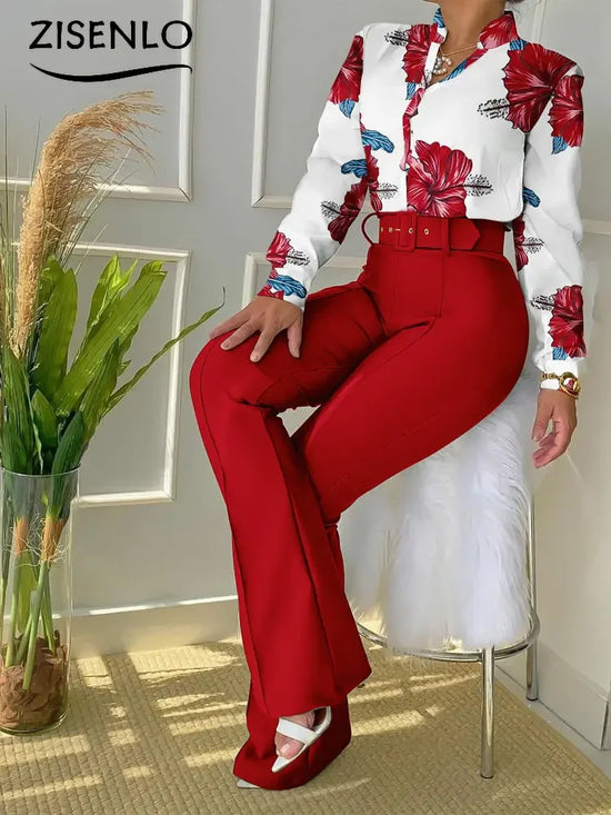 Pant Sets New Casual Ladies Printed Shirt & High Waist Pants Sets for Women 2 Pieces Elegant Women&