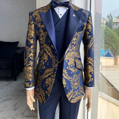 Jacquard Floral Tuxedo Suits for Men Wedding Slim Fit Navy Blue and Gold Gentleman Jacket with Vest Pant 3 Piece Male Costume