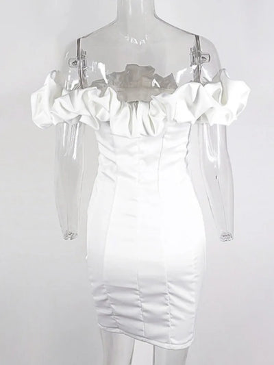 Kesiachiccly Ruffe Off Shoulder Sexy Dress Women Classic White Elegant Party Dresses Club Wear Slim Fit Bodycon Dress Mini