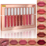 CAKAILA 10 pcs Matte Velvet Nude Lip Gloss Set Lipstick color showing waterproof non-stick liquid lipstick lip gloss