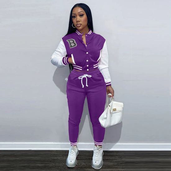 Baseball Sports Suit Fall Women Letter Print Patchwork Baseball Jacket Outfit Drawstring Two Piece Pants Set Jogger Sweatsuit