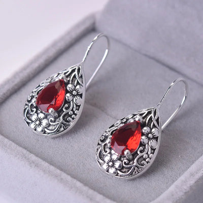 Natural Ruby Earrings for Women 925 Silver Water Drop Pear Earrings Carved Red Topaz Gemstone Garnet Earrings Luxury Jewelry