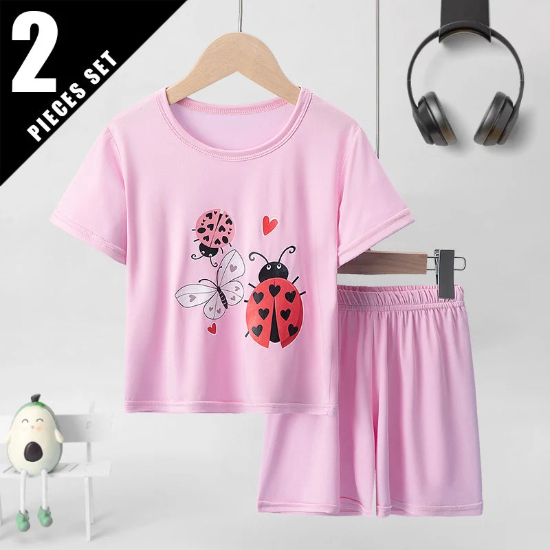 2-Pcs Children's Short-sleeved Shorts Suit Girl Sweet And Lovely Pink Round Neck Shirt Casual Joker Shorts Casual And Comfortabl