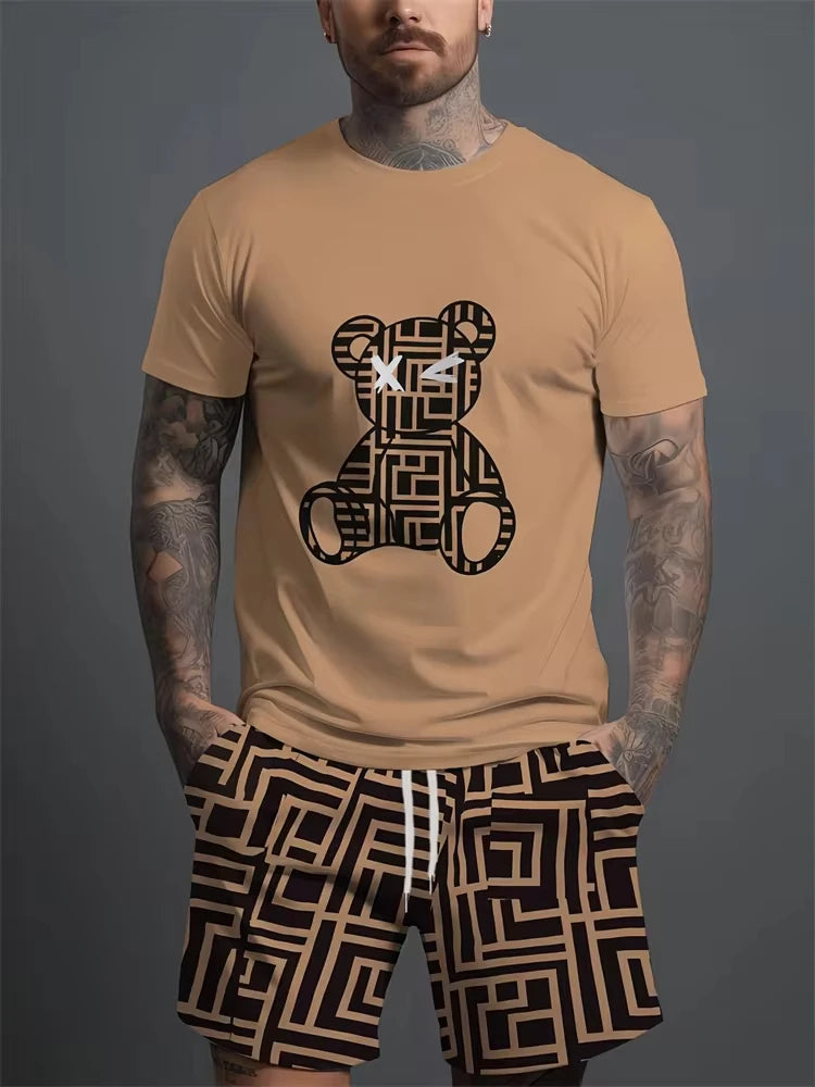 2025 Summer Daily Casual Men's Set Outdoor Sports Men's Beach Shorts Urban Fashion Bear Print Men's Short Sleeve T-shirt Lightwe