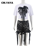 CM.YAYA Women's Set Bow O-Neck short sleeve Tops and lace Shorts Suits Streetwear Casual Two 2 Piece Outfits Tracksuits Summer