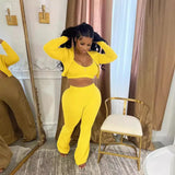 Amazon Best Seller Women's Solid Color Short Top High-Waisted Microbell-Bottom Pants Casual Two-Piece Suit From China