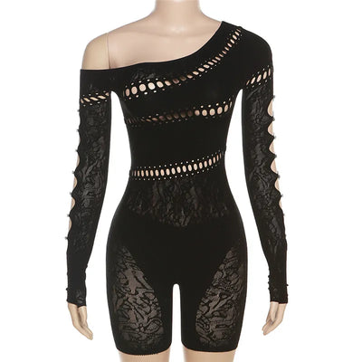 Thick Hollow Out Knitted Women Rompers Jumpsuit Sexy Slash Neck Off Shoulder Long Sleeve Lace Crochet See Through Club Playsuits