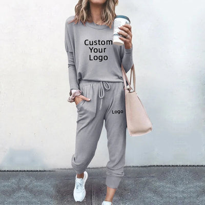 2023 New Customise your logo Women's Suit Spring and Autumn Fashion Daily Home Wear Woman Round Neck Sweatsuit + Pants 2pcs Sets