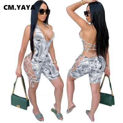 CM.YAYA Women Short Jumpsuits Rompers Playsuits Halter Sleeveless Tie-dye Print Street Sexy Night Club Party One Piece Outfits