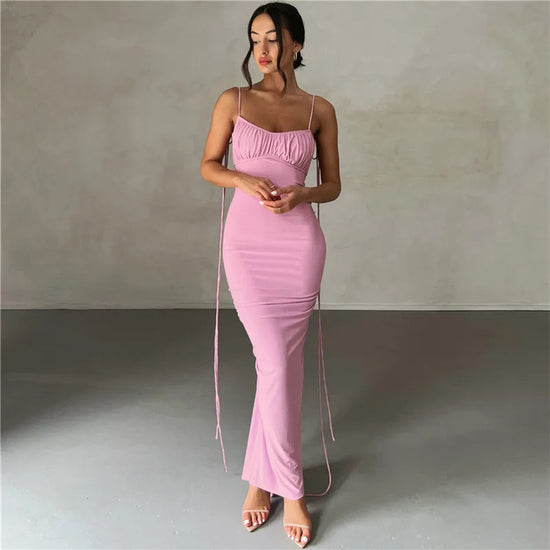 Elegant Deep Open Back Backless Slim Maxi Dress Women Spaghetti Strap Sleeveless Bodycon Long Dress