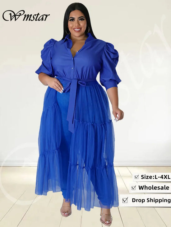 Wmstar Plus Size Dresses Sexy Mesh Patchwork Puff Sleeve Club Outfit Elegant Bandage Long New Maxi Dress Wholesale Dropshipping