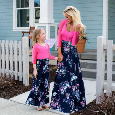 Mom Daughter Family Outfits Matching Mother Kids Dress Twining Mother Daughter Equal Patchwork Dress Same Clothes Baby Girl