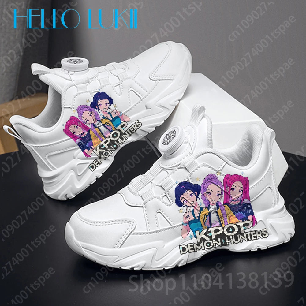 2025 Christmas KPop Demon Hunters Printing Children shoes boys girls High Quality PU leather Simple thick sole White sneakers