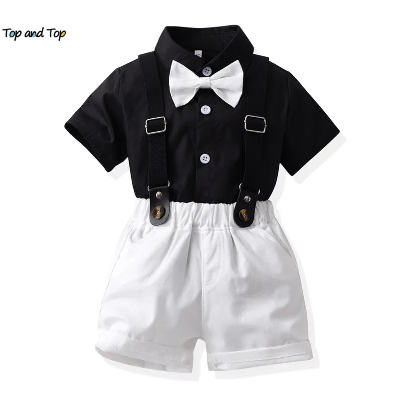 top and top Kids Boys Casual Clothing Sets Short Sleeve Bowtie Gentleman Shirts+Suspenders Shorts Outfits for Wedding Party