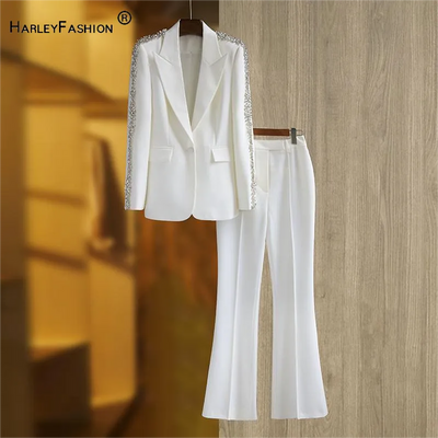 Luxury Office Lady Suit Rhinestone Shoulder Long Sleeve Line Single Button Blazer  Solid Flared Pants Women 2Pcs