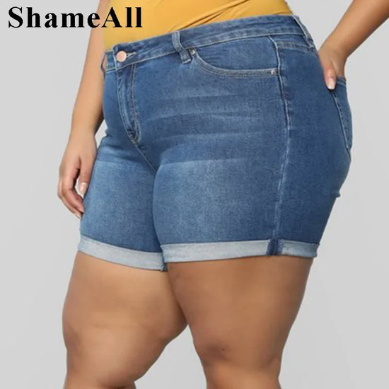 Plus Size Blue Crimping Short Slouchy Denim Jeans For Women 3XL 4XL Summer Casual Rolled Hem Stretch Skinny Hot Shorts Pants