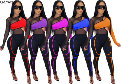 2020 Winter Women Sets Full Sleeve Mesh Patchwork Bodysuits+Pants Suits Two Piece Set Night Club Tracksuits Sexy Outfits GL3168