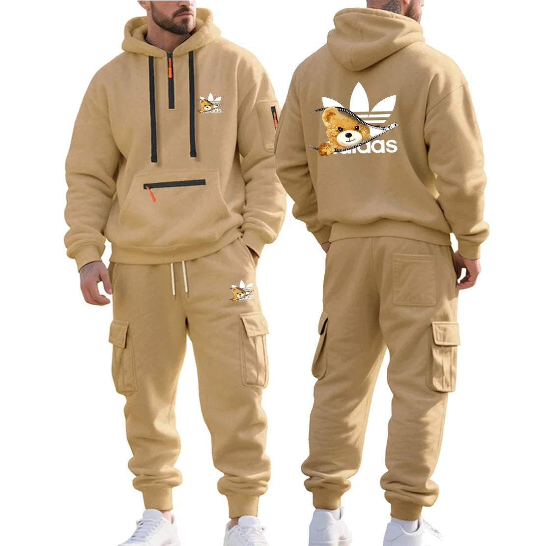 Autumn and Winter Printed New Men's Velvet Hoodie, Work Clothes, Pants Set, Sports Fashion, Leisure Multi Pocket 2-piece Set