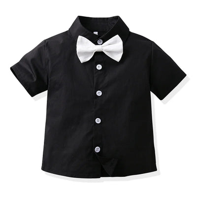 top and top Kids Boys Casual Clothing Sets Short Sleeve Bowtie Gentleman Shirts+Suspenders Shorts Outfits for Wedding Party