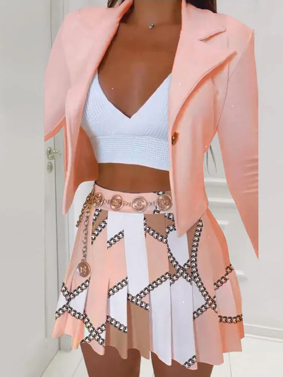 Women Summer Print Skirt Two Piece Set Female Office Slim Fit Folds Skirt Outfits Casual Loose Pleated Party Skirt Matching Suit