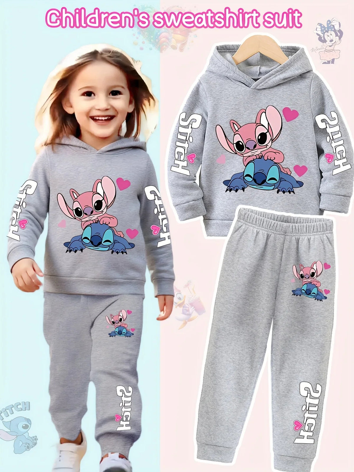 2025 Y2k Two-Piece Clothing Lilo and Stitch Hoodie Kids Long Sleeve Girls Sweatshirt + Pants Set for Baby Boys Clothing